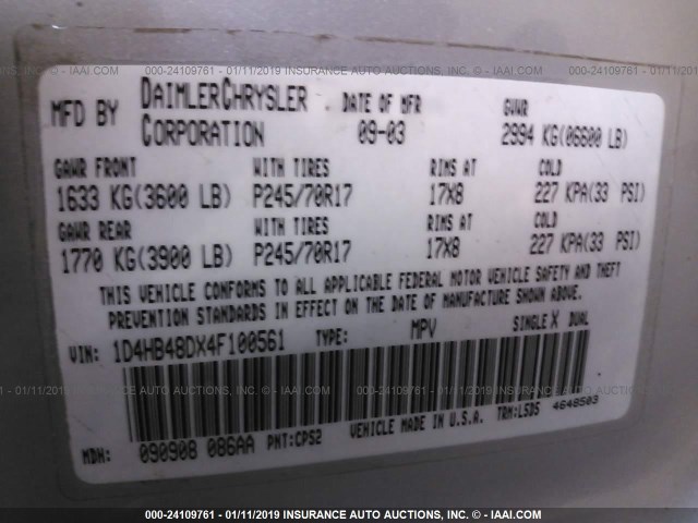 1D4HB48DX4F100561 - 2004 DODGE DURANGO SLT SILVER photo 9