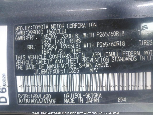 JTJBM7FX0F5110355 - 2015 LEXUS GX GRAY photo 9