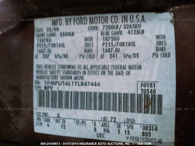 1FMPU16L1YLB47444 - 2000 FORD EXPEDITION XLT MAROON photo 9