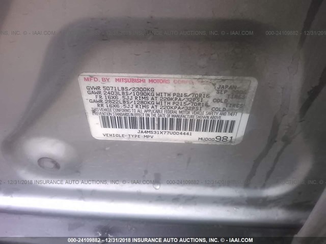 JA4MS31X77U004441 - 2007 MITSUBISHI OUTLANDER ES/LS Gümüş foto 9