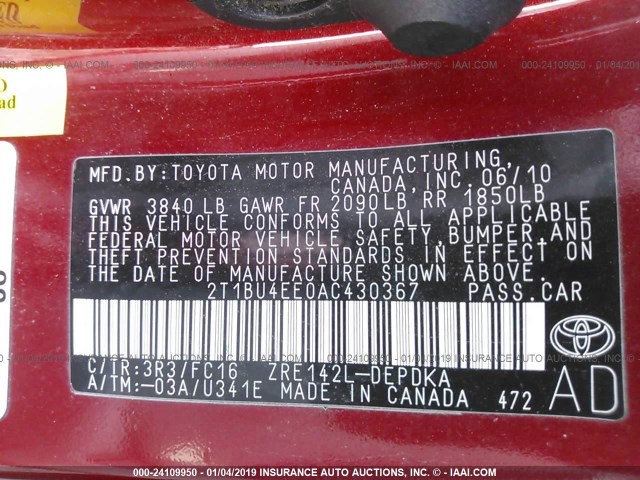 2T1BU4EE0AC430367 - 2010 TOYOTA COROLLA S/LE/XLE RED photo 9