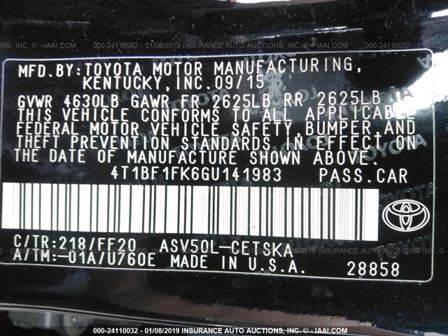 4T1BF1FK6GU141983 - 2016 TOYOTA CAMRY LE/XLE/SE/XSE შავი ფოტო 9