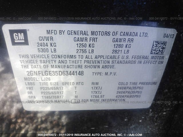 2GNFLGE35D6344148 - 2013 CHEVROLET EQUINOX LTZ BLACK photo 9