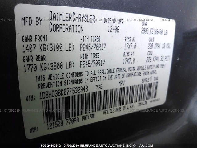 1D8HD38K67F532943 - 2007 DODGE DURANGO SXT GRAY photo 9