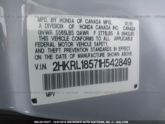 2HKRL18571H542849 - 2001 HONDA ODYSSEY LX SILVER photo 9