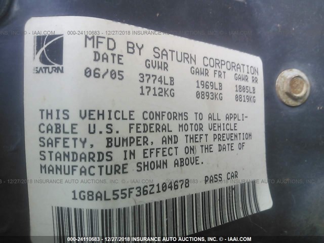 1G8AL55F36Z104678 - 2006 SATURN ION LEVEL 3 WHITE photo 9