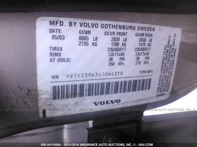 YV1CZ59H341044318 - 2004 VOLVO XC90 GOLD photo 9