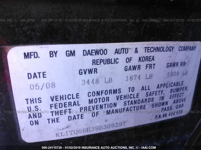 KL1TD66E39B309297 - 2009 CHEVROLET AVEO LS/LT Սև լուսանկար 9