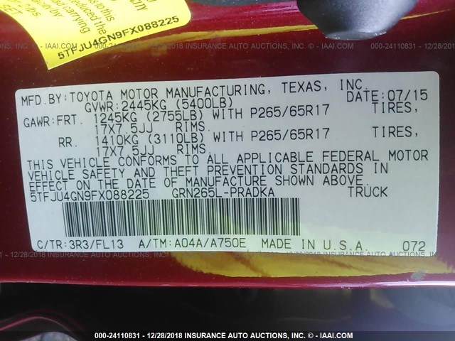 5TFJU4GN9FX088225 - 2015 TOYOTA TACOMA DOUBLE CAB PRERUNNER RED photo 9