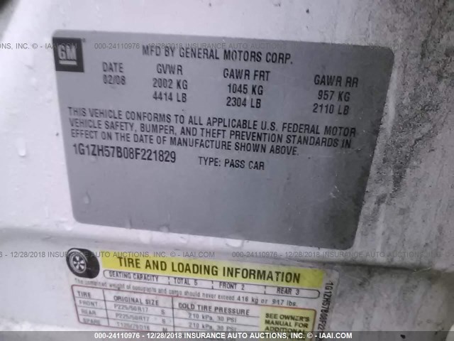 1G1ZH57B08F221829 - 2008 CHEVROLET MALIBU 1LT WHITE photo 9