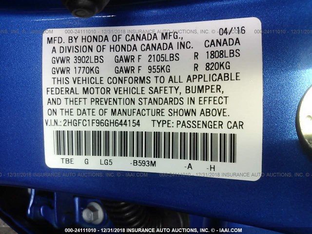 2HGFC1F96GH644154 - 2016 HONDA CIVIC TOURING BLUE photo 9