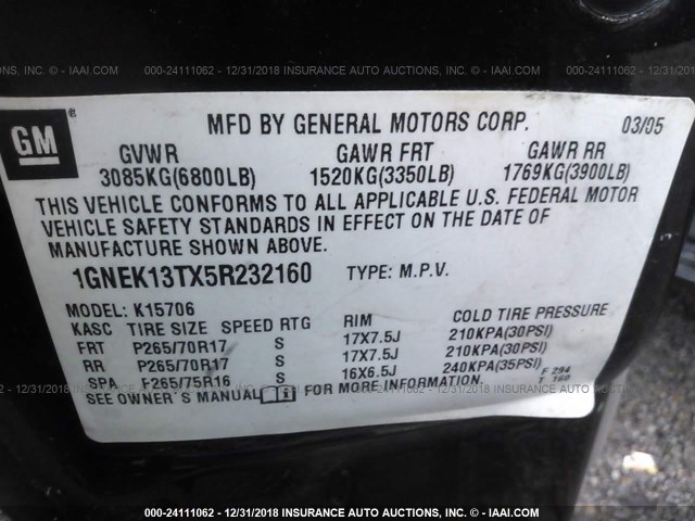 1GNEK13TX5R232160 - 2005 CHEVROLET TAHOE K1500 BLACK photo 9