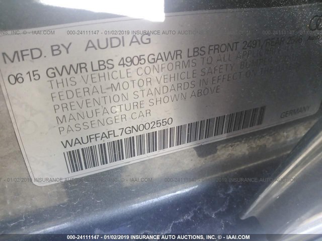 WAUFFAFL7GN002550 - 2016 AUDI A4 PREMIUM PLUS/S-LINE GRAY photo 9