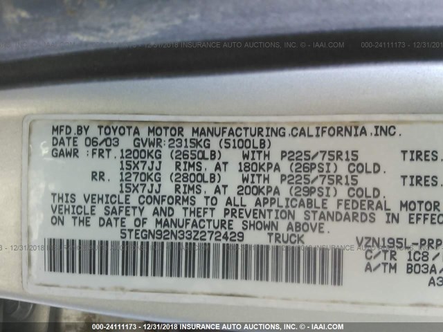 5TEGN92N33Z272429 - 2003 TOYOTA TACOMA DOUBLE CAB PRERUNNER GRAY photo 9