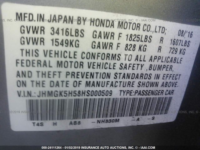 JHMGK5H58HS000509 - 2017 HONDA FIT LX SILVER photo 9