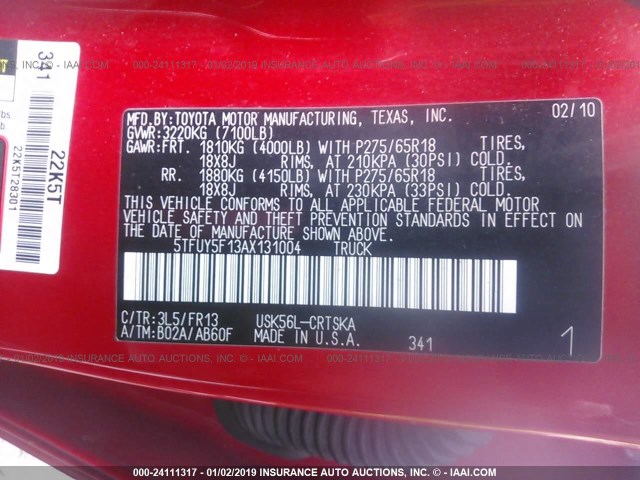 5TFUY5F13AX131004 - 2010 TOYOTA TUNDRA DOUBLE CAB SR5 RED photo 9