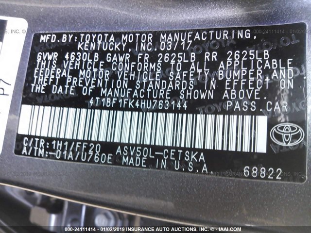 4T1BF1FK4HU763144 - 2017 TOYOTA CAMRY LE/XLE/SE/XSE 灰色 照片 9