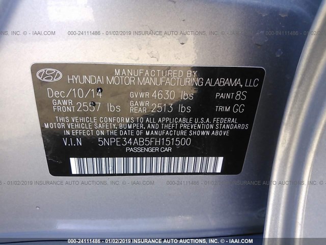 5NPE34AB5FH151500 - 2015 HYUNDAI SONATA SPORT/LIMITED SILVER photo 9