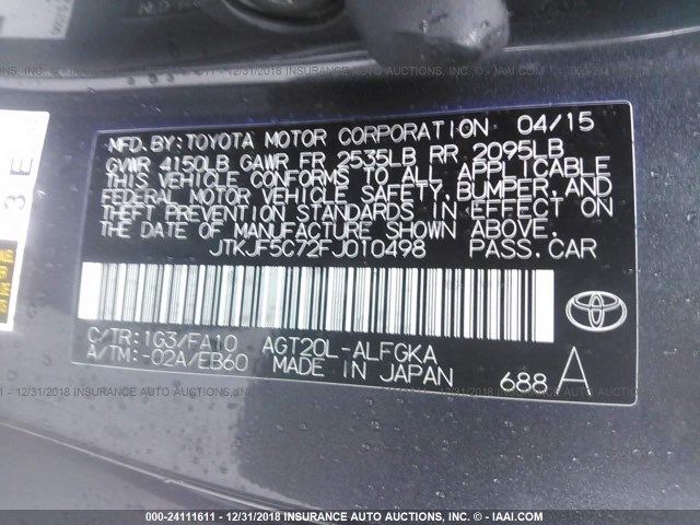 JTKJF5C72FJ010498 - 2015 TOYOTA SCION TC 黑色 照片 9