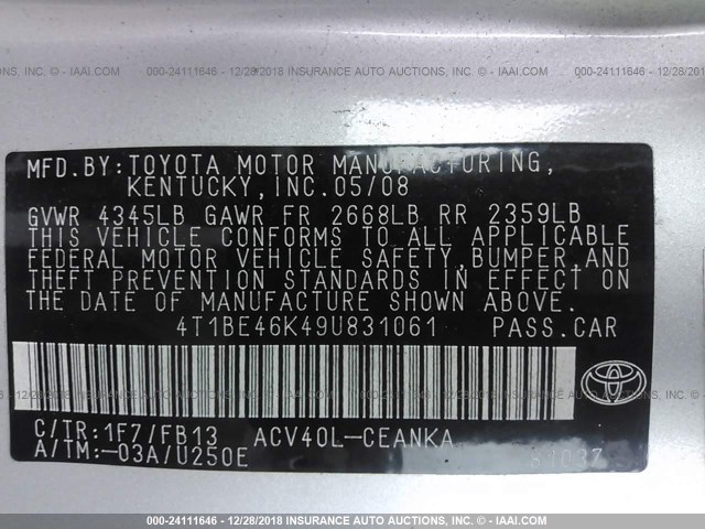 4T1BE46K49U831061 - 2009 TOYOTA CAMRY SE/LE/XLE 银色 照片 9