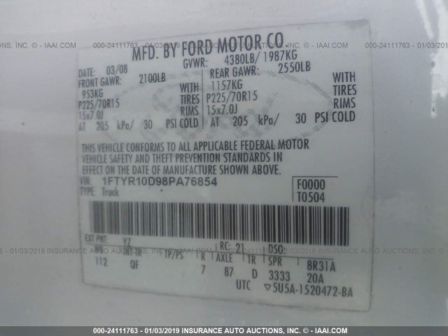 1FTYR10D98PA76854 - 2008 FORD RANGER WHITE photo 9