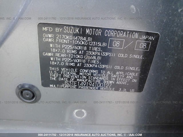 JS3TE149194100127 - 2009 SUZUKI GRAND VITARA LUXURY GRAY photo 9