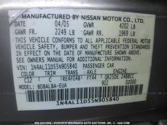 1N4AL11D55N905840 - 2005 NISSAN ALTIMA S/SL BEIGE photo 9