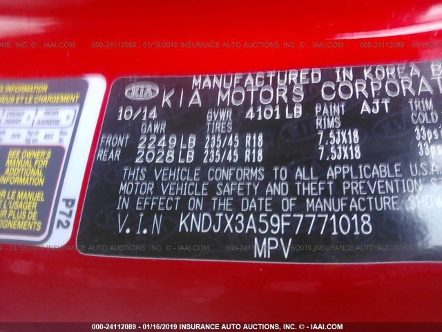 KNDJX3A59F7771018 - 2015 KIA SOUL ! RED photo 9