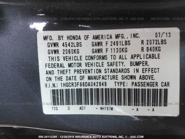 1HGCR3F86DA042949 - 2013 HONDA ACCORD EXL GRAY photo 9