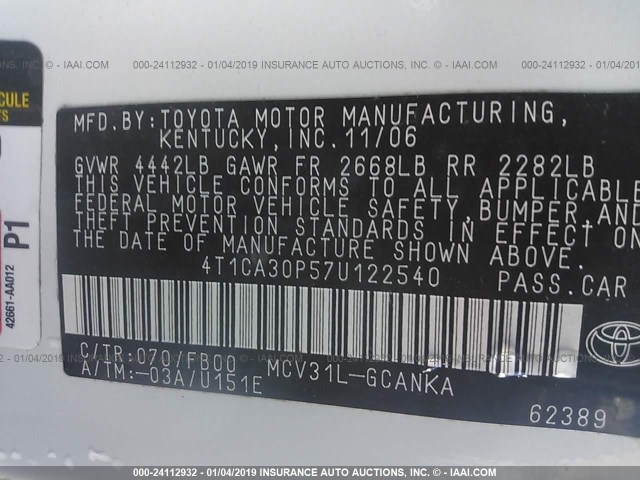 4T1CA30P57U122540 - 2007 TOYOTA CAMRY SOLARA SE/SLE WHITE photo 9