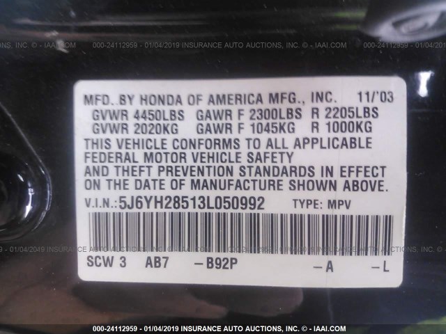 5J6YH28513L050992 - 2003 HONDA ELEMENT EX BLACK photo 9