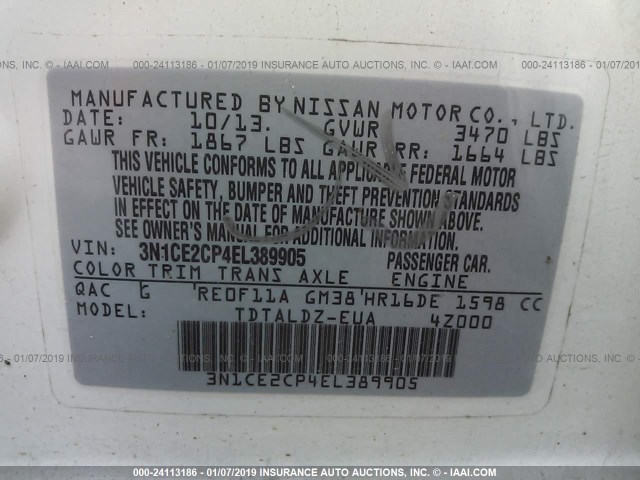 3N1CE2CP4EL389905 - 2014 NISSAN VERSA NOTE S/S PLUS/SV/SL WHITE photo 9