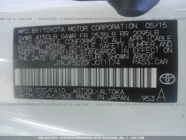 JTKJF5C73FJ011174 - 2015 TOYOTA SCION TC თეთრი ფოტო 9