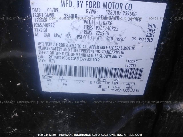 2FMDK30C59BA82192 - 2009 FORD EDGE SPORT BLACK photo 9