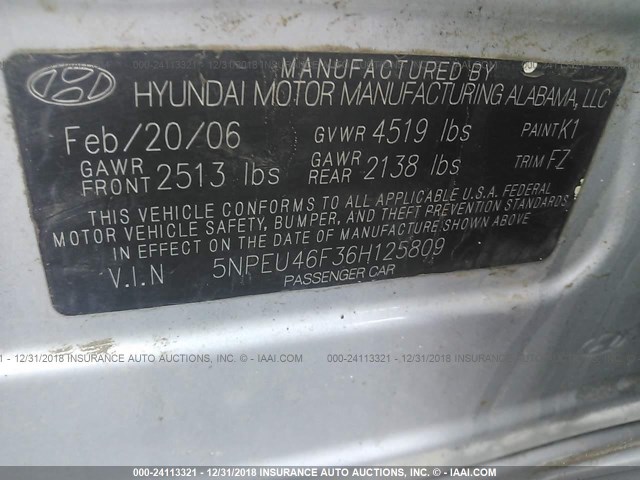 5NPEU46F36H125809 - 2006 HYUNDAI SONATA GLS/LX SILVER photo 9