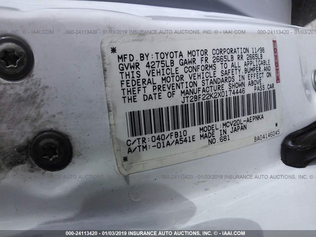 JT2BF22K2X0174446 - 1999 TOYOTA CAMRY LE/XLE WHITE photo 9