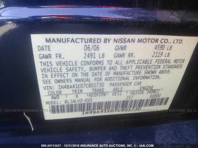 1N4BA41E07C801730 - 2007 NISSAN MAXIMA SE/SL BLUE photo 9