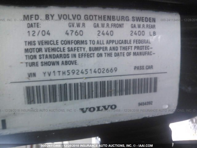 YV1TH592451402669 - 2005 VOLVO S80 2.5T BLACK photo 9