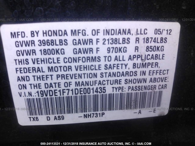 19VDE1F71DE001435 - 2013 ACURA ILX 20 TECH BLACK photo 9