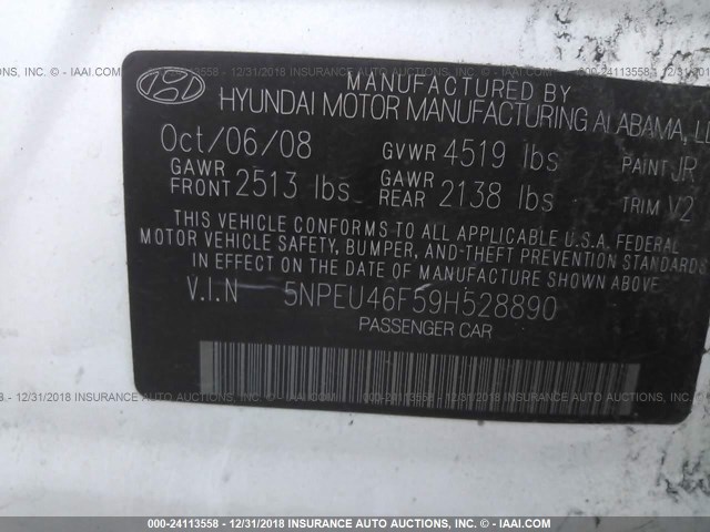 5NPEU46F59H528890 - 2009 HYUNDAI SONATA SE/LIMITED WHITE photo 9