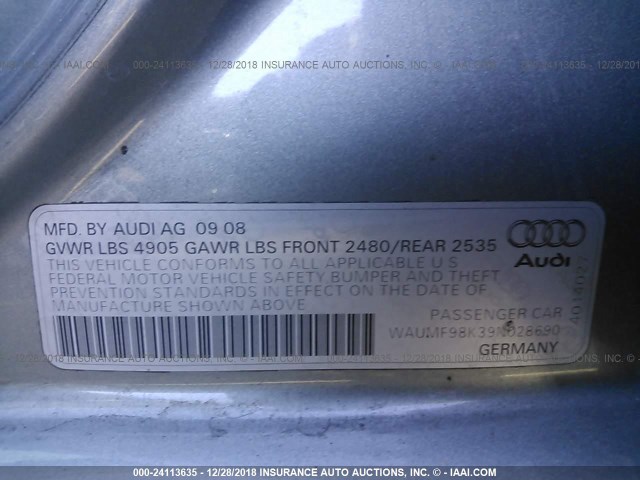 WAUMF98K39N028690 - 2009 AUDI A4 PRESTIGE GRAY photo 9