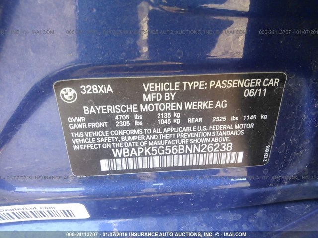 WBAPK5G56BNN26238 - 2011 BMW 328 XI SULEV BLUE photo 9