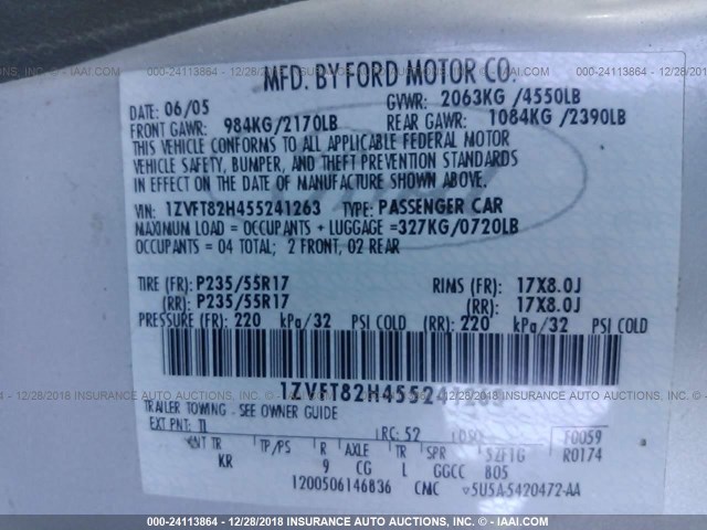 1ZVFT82H455241263 - 2005 FORD MUSTANG GT SILVER photo 9