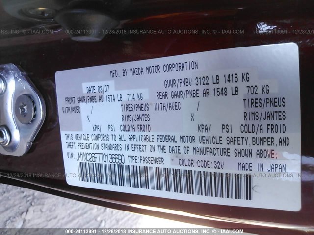 JM1NC26F770136690 - 2007 MAZDA MX-5 MIATA MAROON photo 9