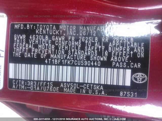 4T1BF1FK7CU590440 - 2012 TOYOTA CAMRY SE/LE/XLE 红色 照片 9