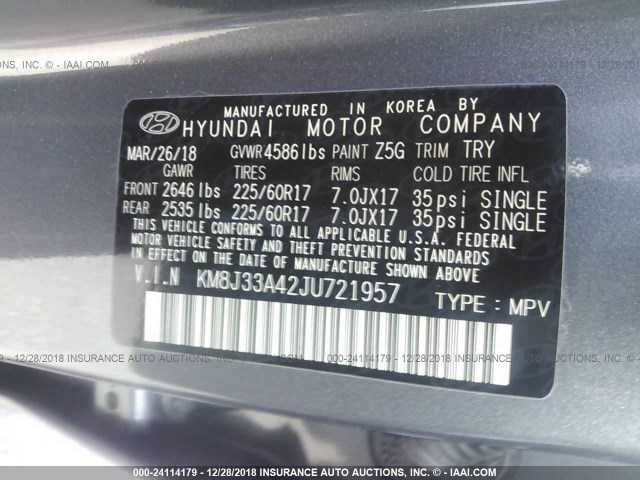 KM8J33A42JU721957 - 2018 HYUNDAI TUCSON LIMITED/SPORT AND ECO/SE GRAY photo 9