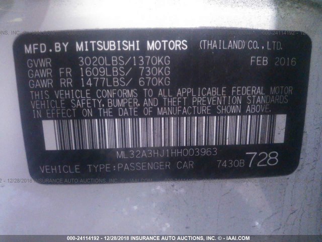 ML32A3HJ1HH003963 - 2017 MITSUBISHI MIRAGE ES WHITE photo 9
