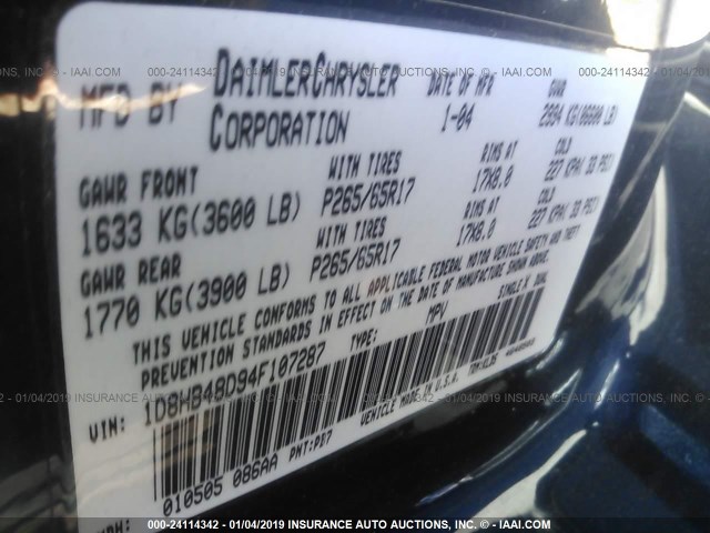 1D8HB48D94F107287 - 2004 DODGE DURANGO SLT BLUE photo 9