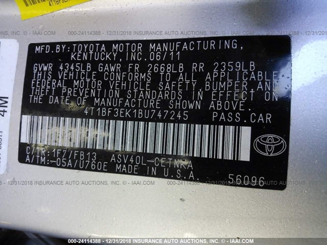 4T1BF3EK1BU747245 - 2011 TOYOTA CAMRY SE/LE/XLE 银色 照片 9
