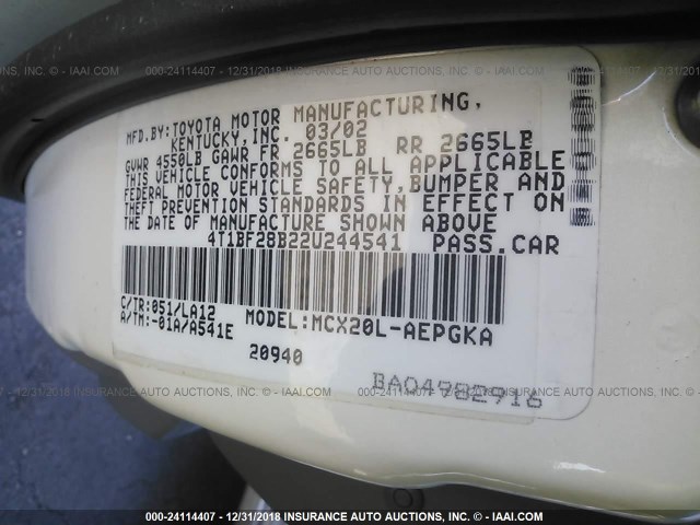 4T1BF28B22U244541 - 2002 TOYOTA AVALON XL/XLS WHITE photo 9